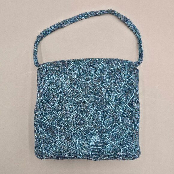 VTG Beaded Purse Made in Japan Blue Mosaic Iridescent Evening Bag Top Handle 60s - Picture 6 of 14